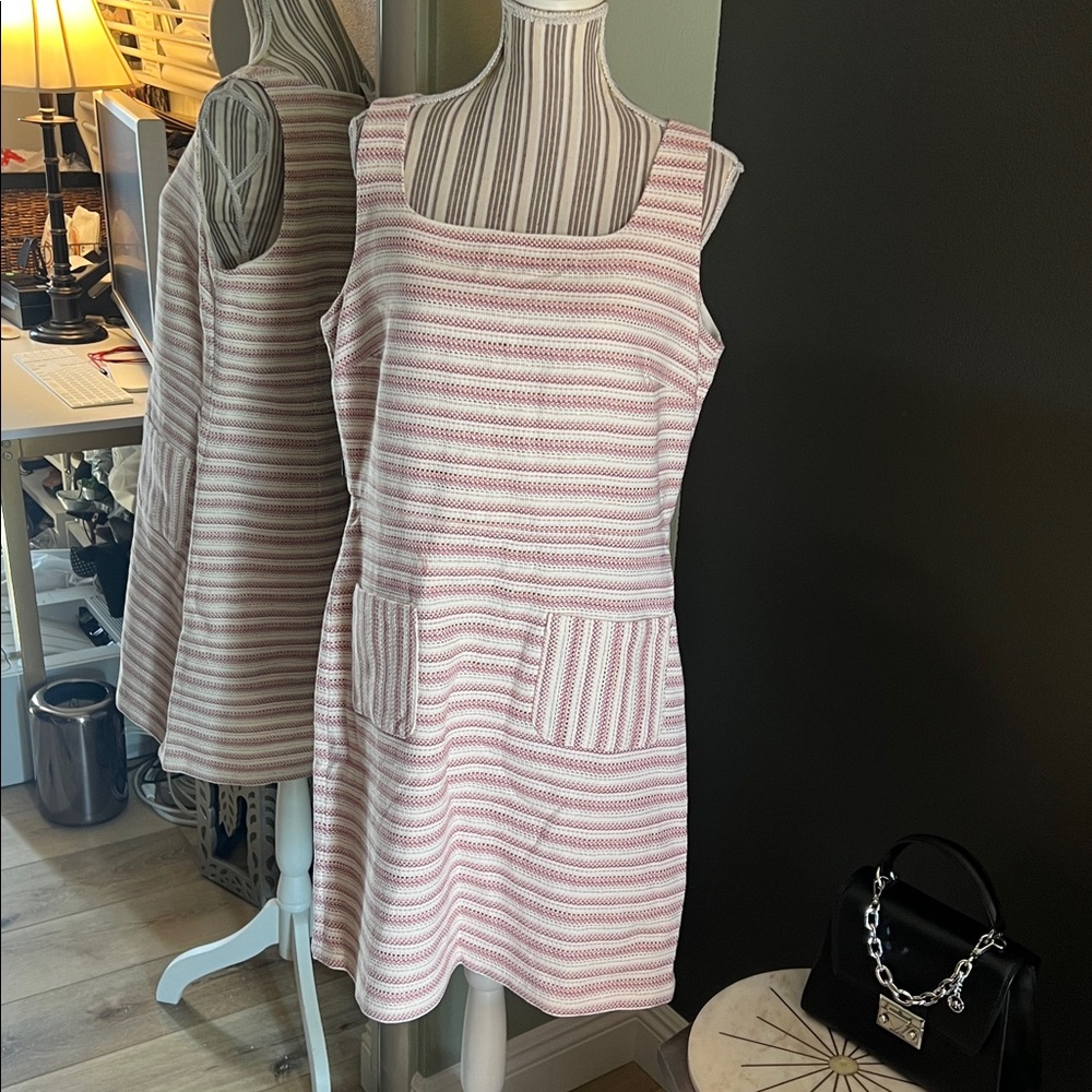 NWT. LOFT, size 14, Pink & White, Sleeveless Boucle Sheath Striped Mini Dress - Picture 3 of 8